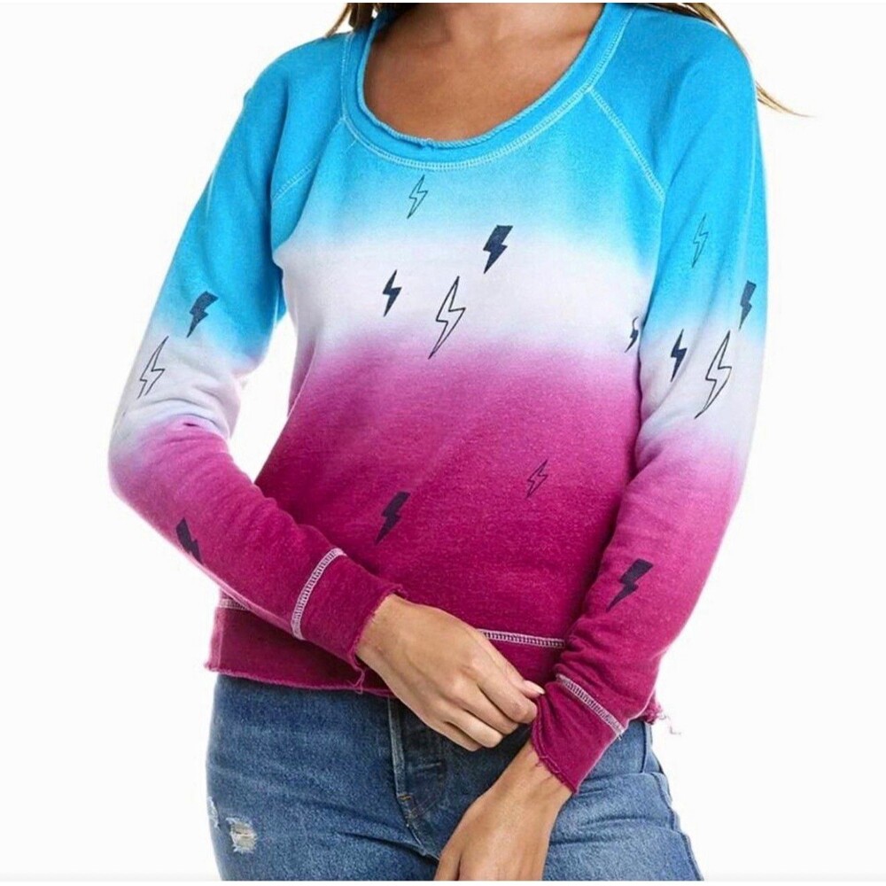 NWT Revolve Chaser Blue Pink Ombré Lightning Bolt Cropped Sweatshirt Small